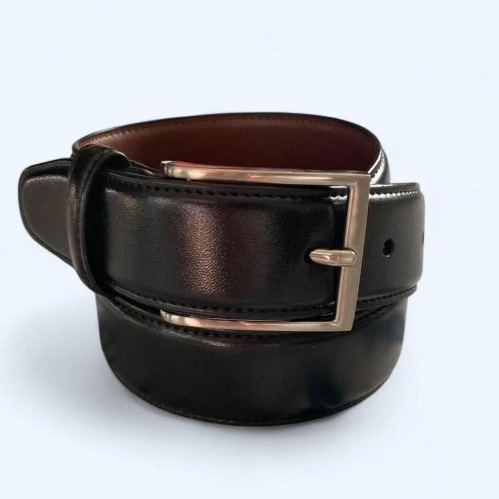 Black faux‎ leather belt with silver buckle size L by Stafford